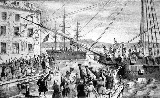 Уничтожение чая в Бостонской гавани. Литография 1846 года