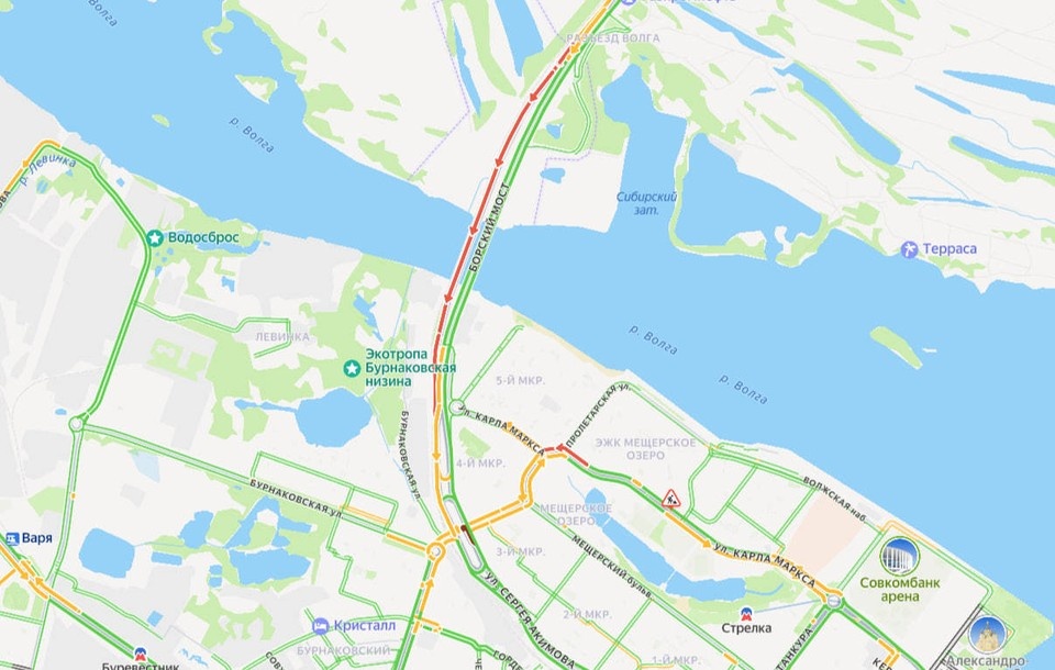    Огромные пробки сковали Борский мост в Нижнем Новгороде. Фото: Яндекс. Карты.