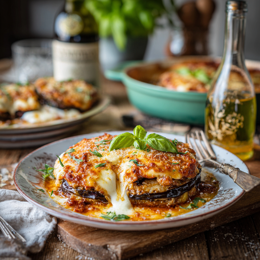 «Кето-лазанья из баклажанов, запечённая с мясным фаршем, сыром и соусом, сервирована на тарелке с базиликом. Сочное расплавленное сырное наполнение, слои баклажанов, зелень. На заднем плане — форма для запекания, бутылка масла и вино.»