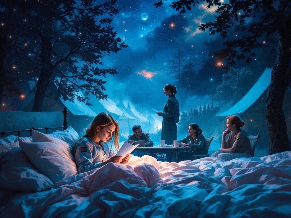    К чему такое снится: На рисунке изображен советский пионерский лагерь. В центре картины я стою за столом, рассеянно читая документы. Вокруг меня мирно отдыхают люди в пионерских нарядах.