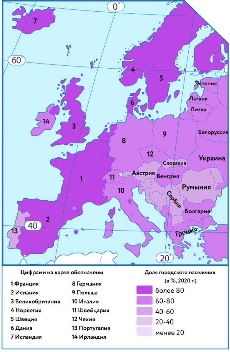 Уровень урбанизации в странах Зарубежной Европы