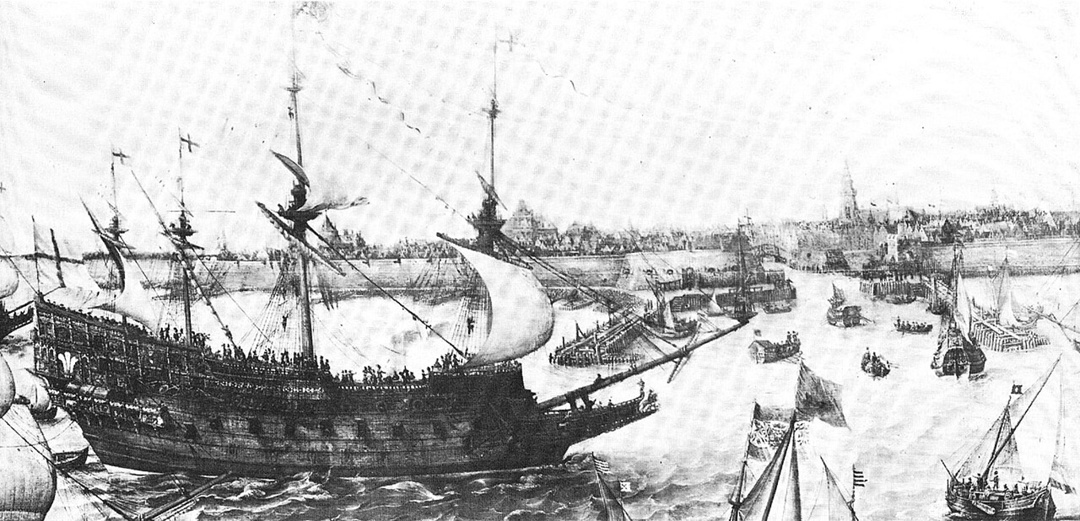 Prince Royal прибывает во Флашинг, 1613 год, худ. Корнелис Вром. Prince Royal был линейным кораблём первого ранга, построен в 1610 году.