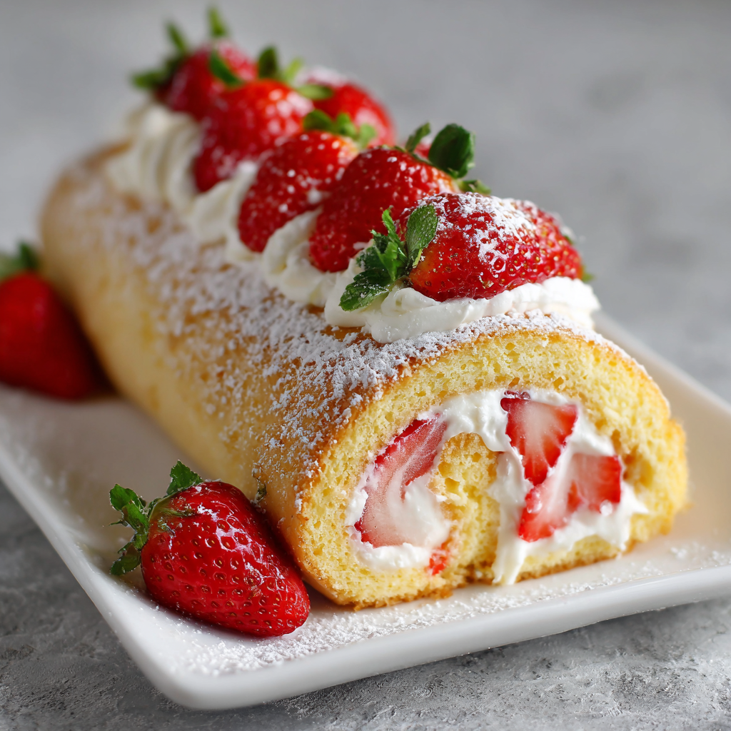 Кето бисквитный рулет с клубникой и сливками без сахара – низкоуглеводный десерт на миндальной и кокосовой муке. Диетическая выпечка для кето и LCHF питания, украшена свежей клубникой и взбитыми сливками.