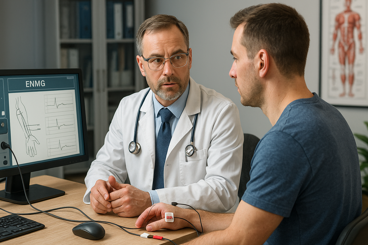 врач-невролог проводит консультацию по ЭНМГ