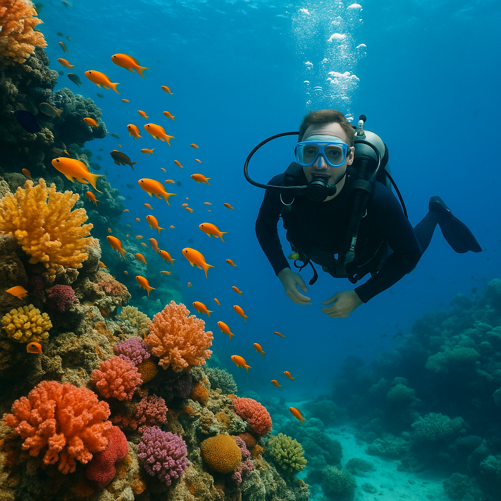Подводный мир: дайвер среди кораллов и рыб