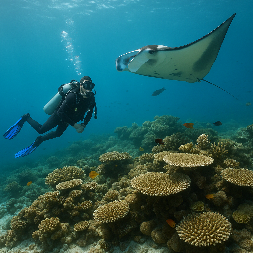 Мальдивы: дайвер и манта-скат в подводном мире