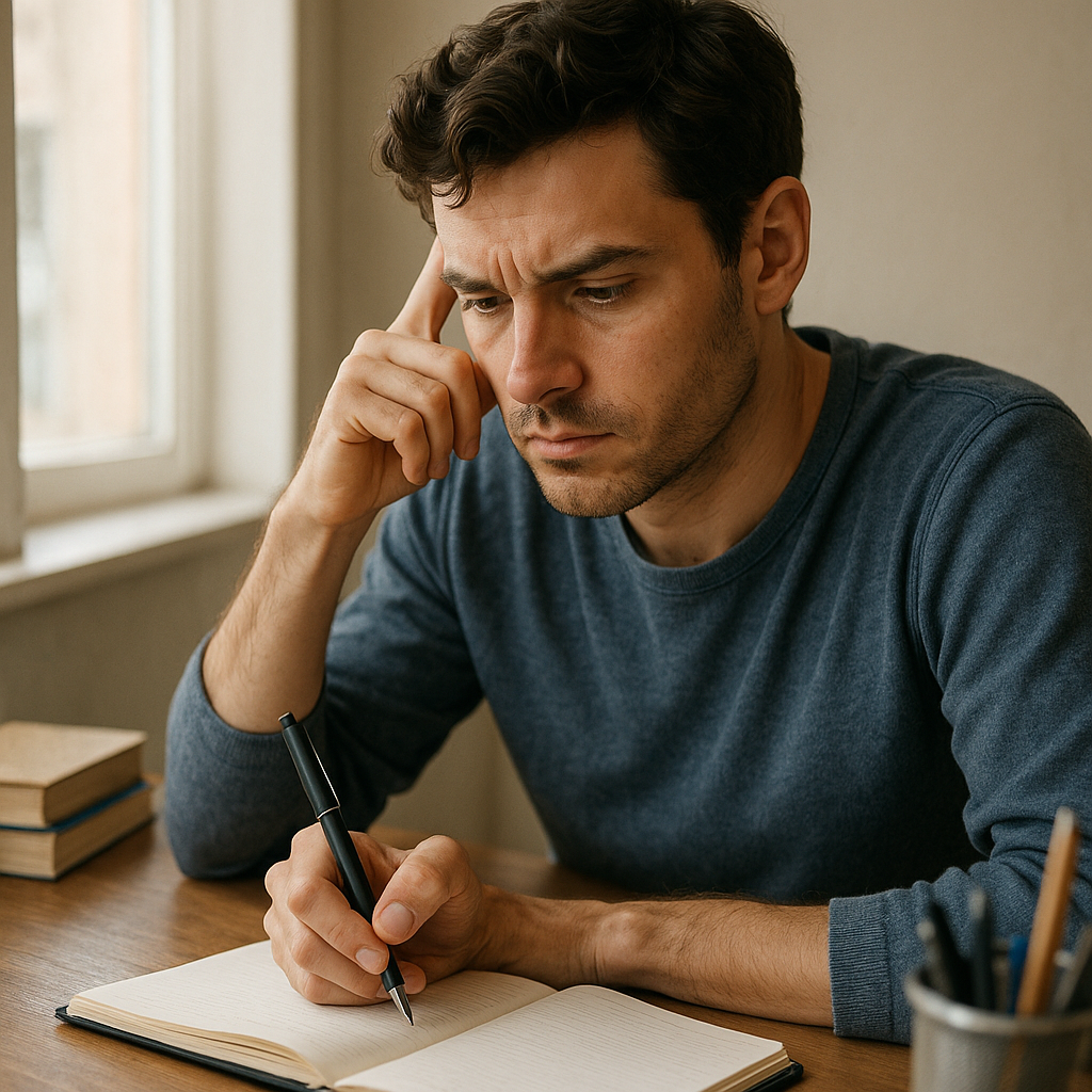 ведет дневник, записывая свои мысли