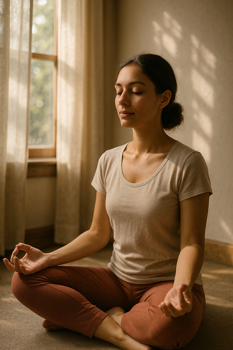 медитирует в спокойной атмосфере