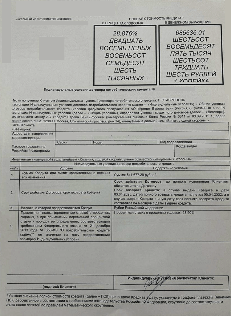 Кредитный договор от АО "Кредит Европа Банк"