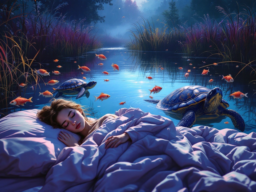    К чему такое снится: Женщина плывет в реке. Рядом с ней крупная черепаха и ещё несколько мелких черепах. Вокруг них плавает рой рыб. Фон украшает высокий травянистый берег и чистая вода.