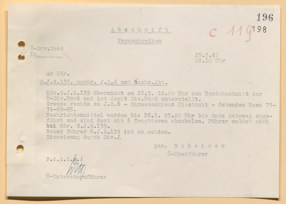 Основное: Командиру 139-го горнопехотного полка в 26 мая в 18:00 передаётся северный участок дивизии СС "Норд", и с этого момента он вступает в подчинение дивизии СС "Норд". Правая линия разграничения к 6-му полку: Перекрёсток Кестеньга - восточные оконечности озёр 75-74-69-65.