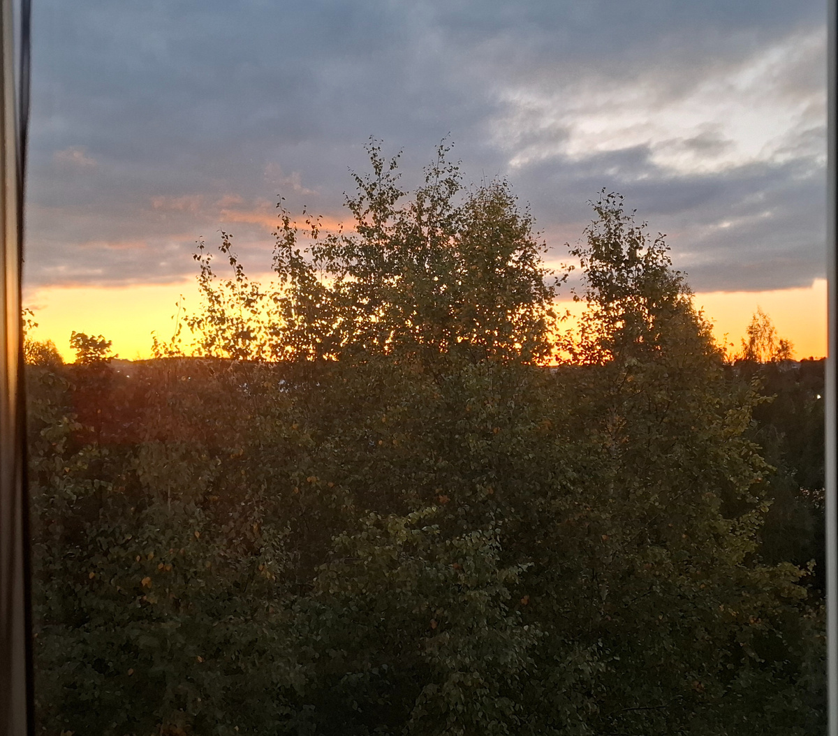 Такой закат. Небо все в тучах, ночью обещают дождь. 