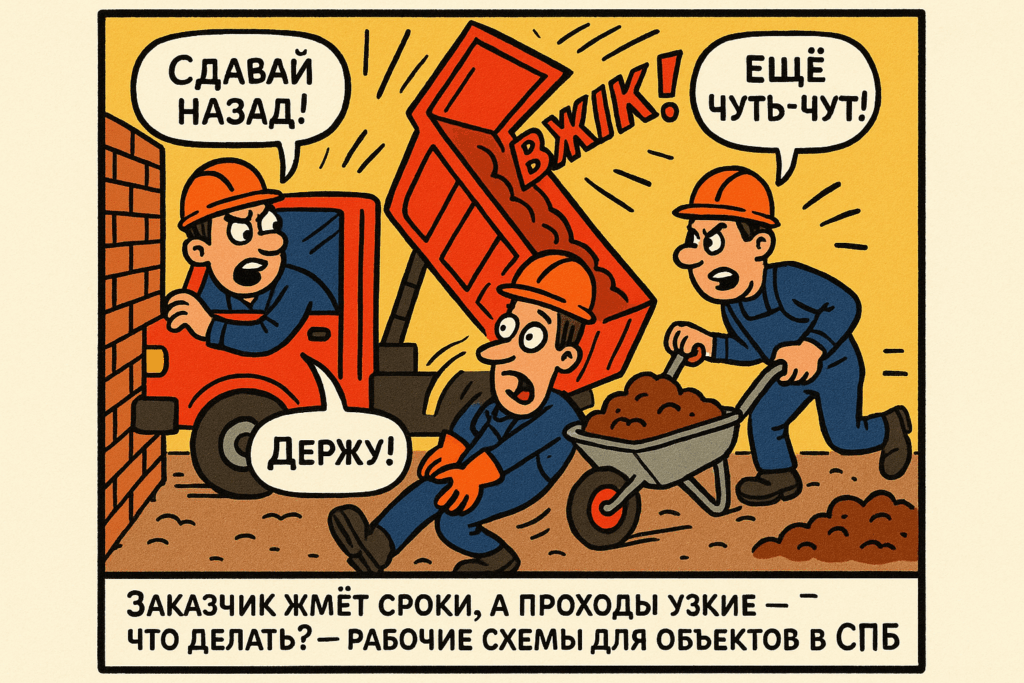    На изображении представлены схемы организации работ с малогабаритной техникой в узких проходах центра СПб.