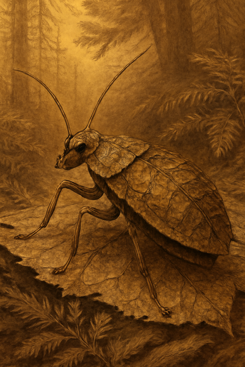 "Древний таракан, маскирующийся под муравья, в доисторическом лесу":

На изображении показан древний таракан из мелового периода, который благодаря уникальной мимикрии напоминает муравья. Насекомое обладает треугольной головой и узкой переднеспинкой, что характерно для маскировки под муравьев, что помогало ему избегать хищников. Фон изображения — густой доисторический лес с мягким янтарным освещением, подчеркивающий возраст находки около 100 миллионов лет. Детальная прорисовка хитинового покрова и насекомых рядом создаёт ощущение научной иллюстрации, раскрывающей загадки древней природы и эволюции тараканов.