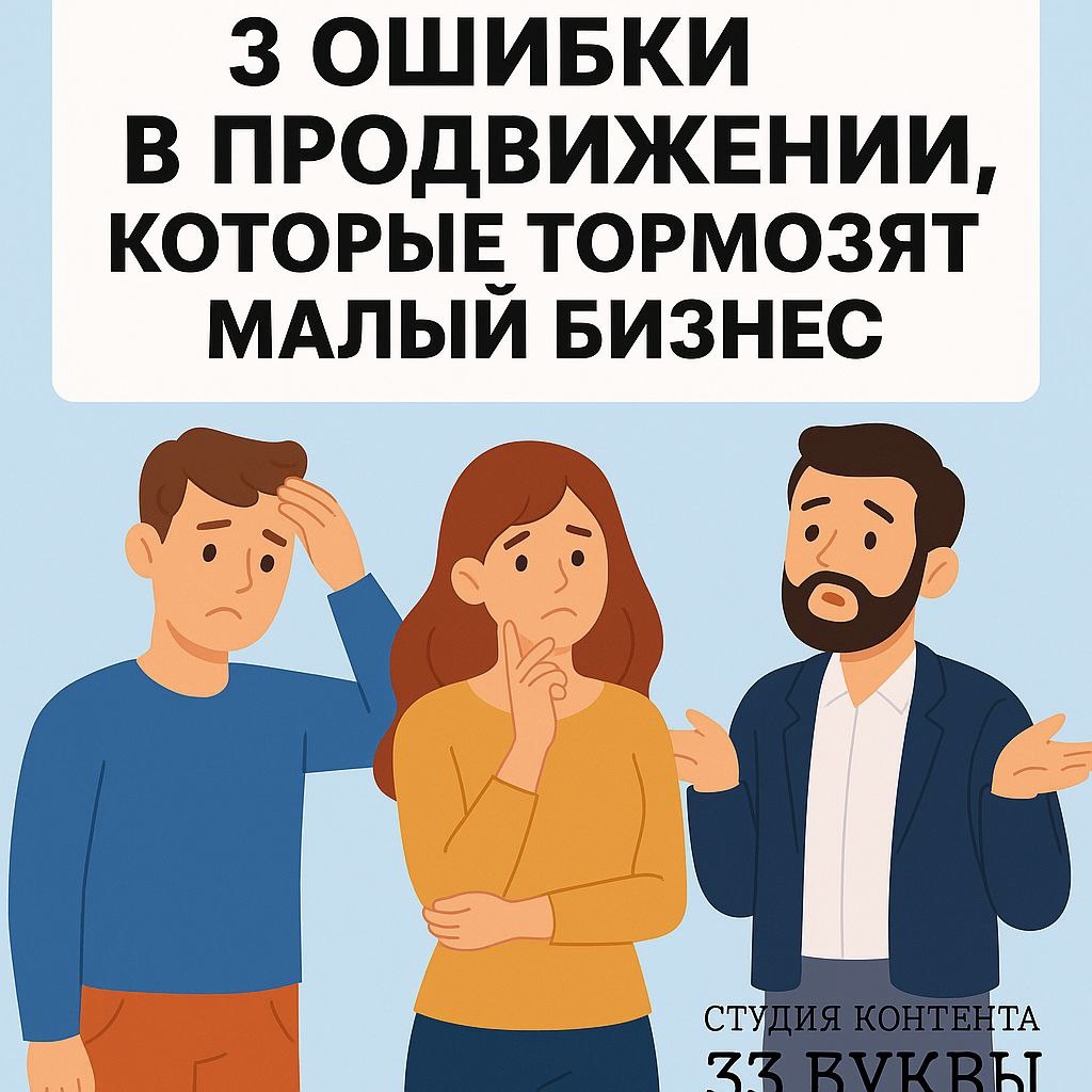Три ошибки, которые чаще всего губят продвижение малого бизнеса: отсутствие стратегии, тексты ради алгоритмов и копирование конкурентов. Даже простой контент-план на месяц уже дисциплинирует и экономит бюджет. Начните с малого — и результат не заставит себя долго ждать.