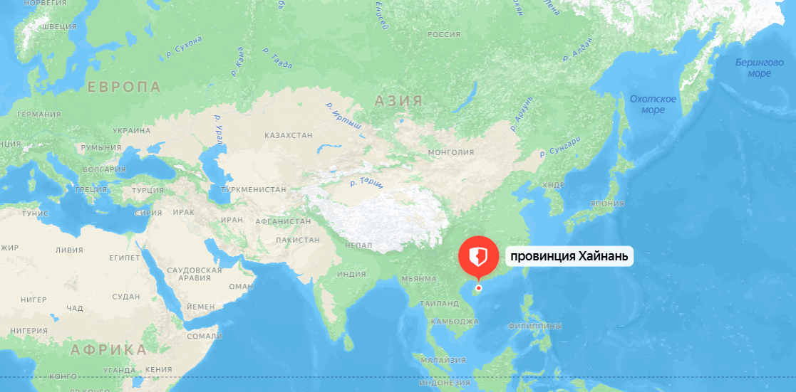Остров Хайнань на карте мира. Скриншот с Яндекс.Карты.