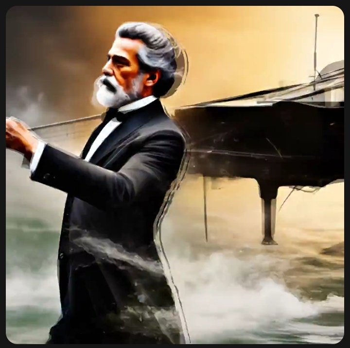 Коллаж: Маэстро И. Штраус, волны голубого Дуная, иллюстрация создана ИИ.