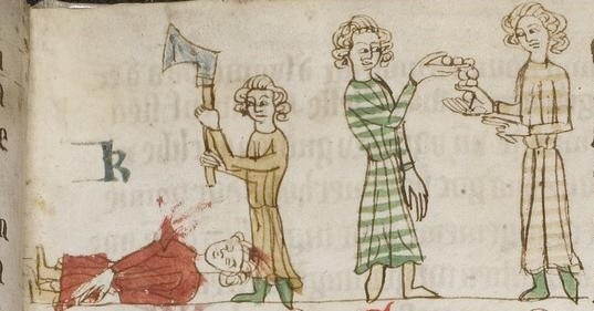 Изображение убийства и последующей выплаты вергельда, Heidelberger Sachsenspiegel. Источник: Wikimedia Commons