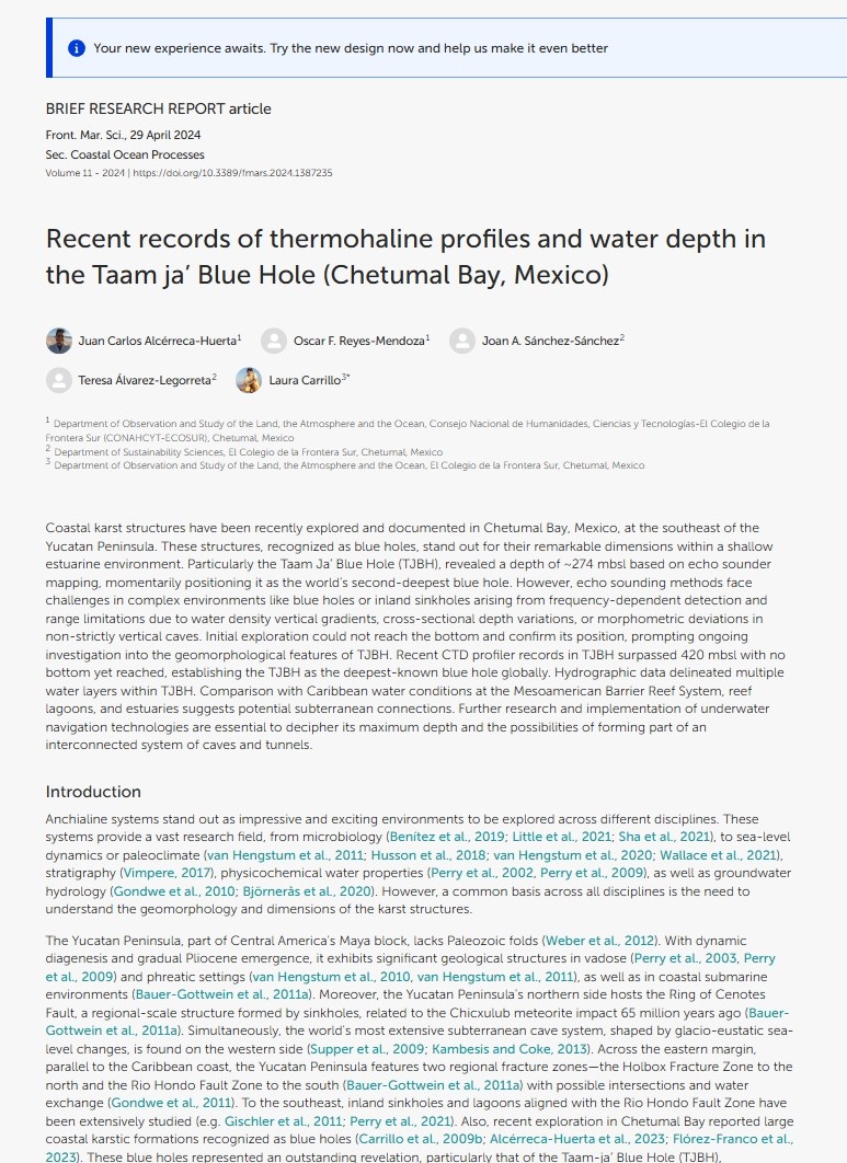 Последние данные о термохалинных профилях и глубине воды в голубой дыре Таам-джа (залив Четумаль, Мексика)