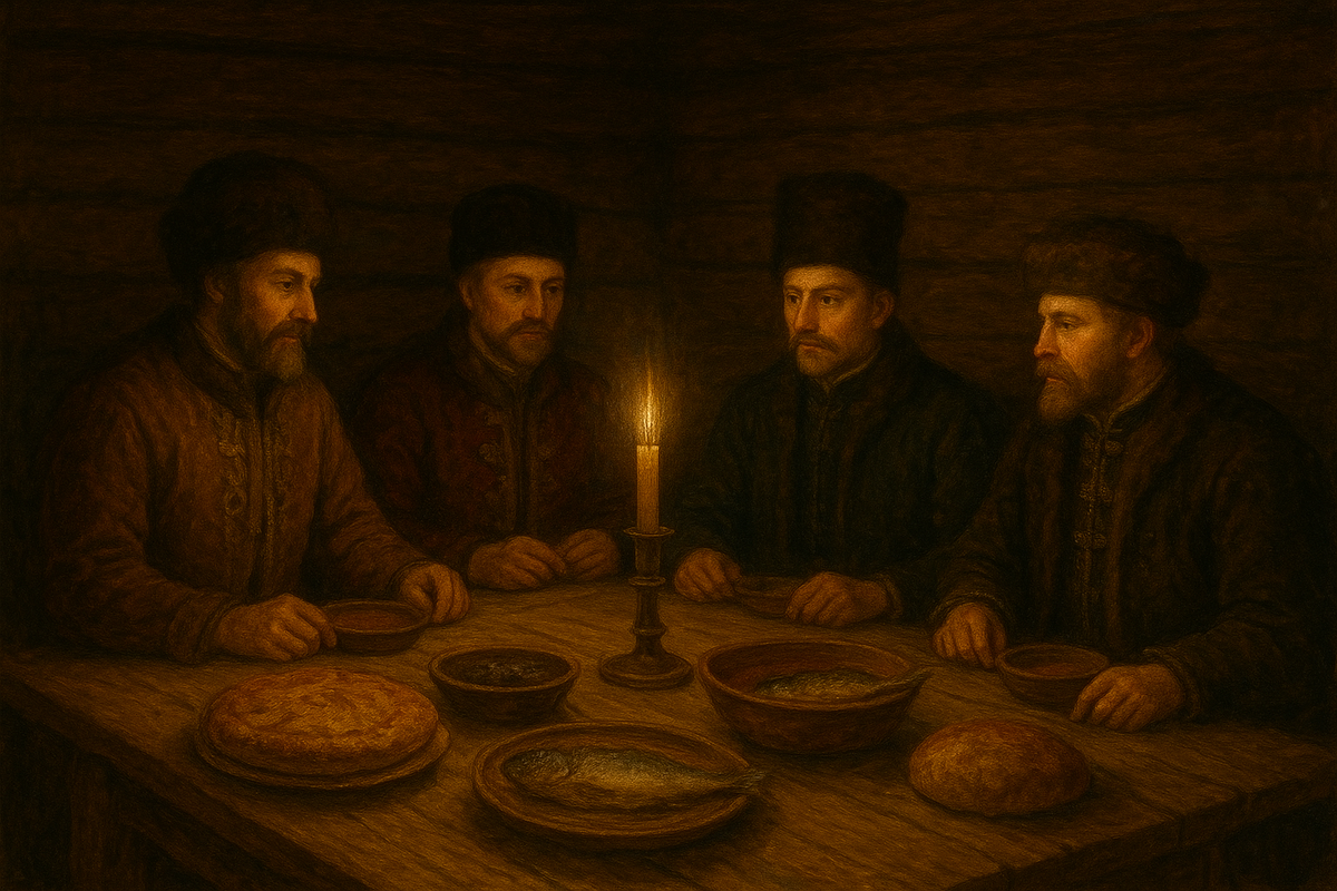 Русский пир на длинном деревянном столе XVII века