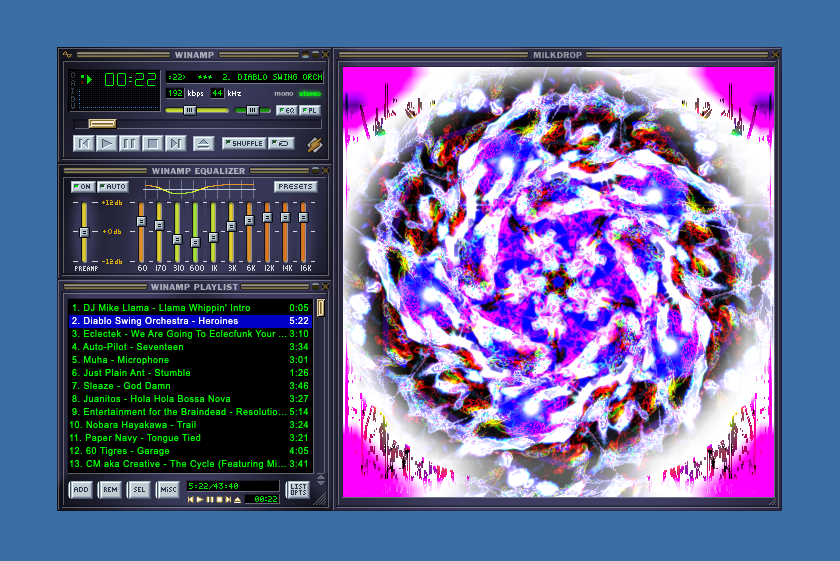 Классический интерфейс Winamp 2.0 с запущенной визуализацией MilkDrop
