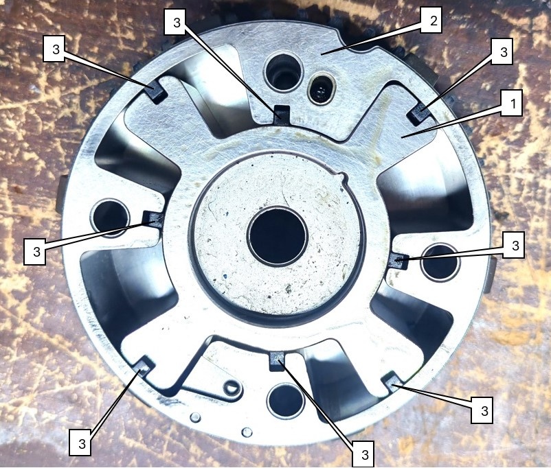 Фото 2. Фазорегулятор. Передняя крышка демонтирована. 1-ротор, 2-корпус, 3-«бруски».