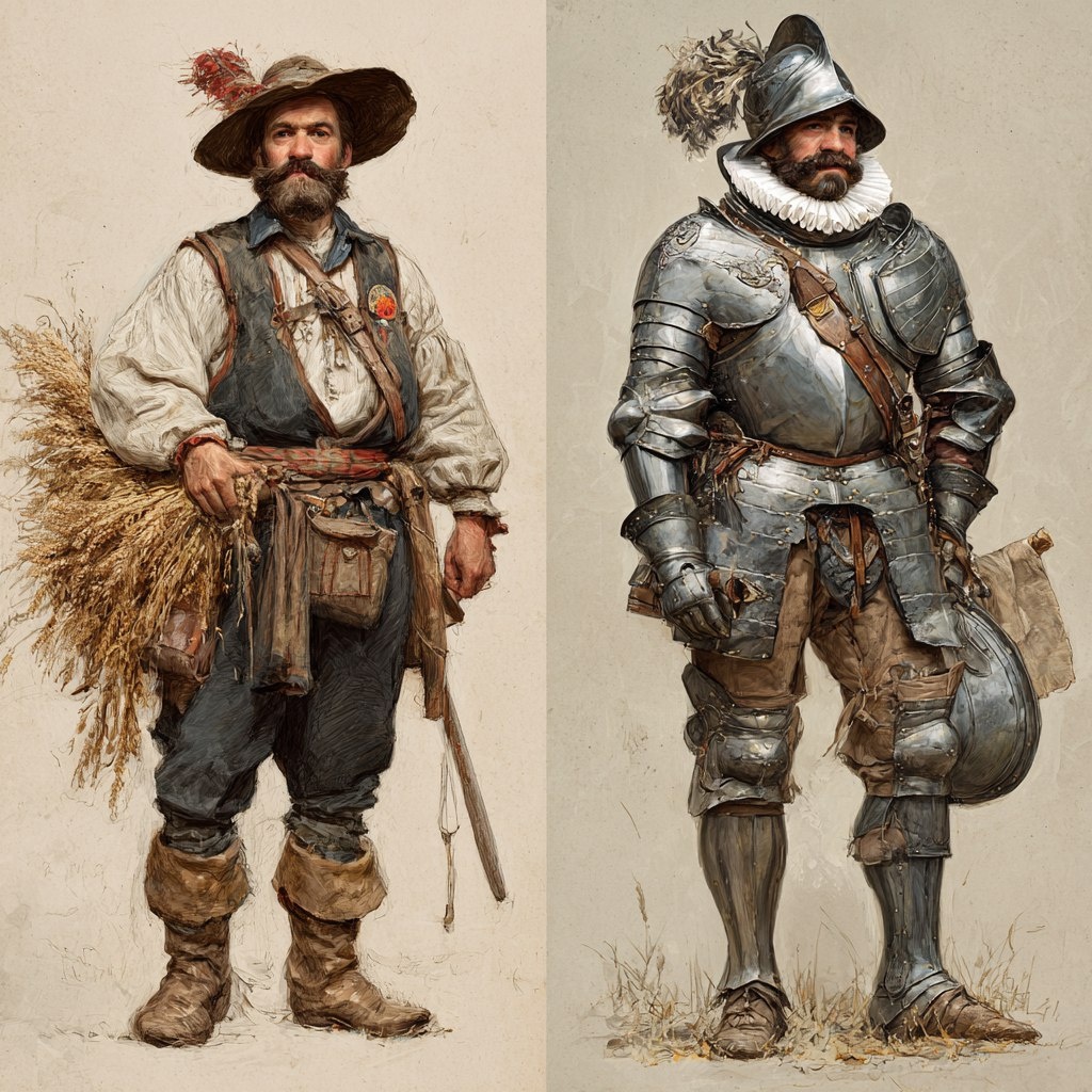 Фермер и воитель-феодал, средневековой Европы. Изображение сделано в нейросети Миджорни