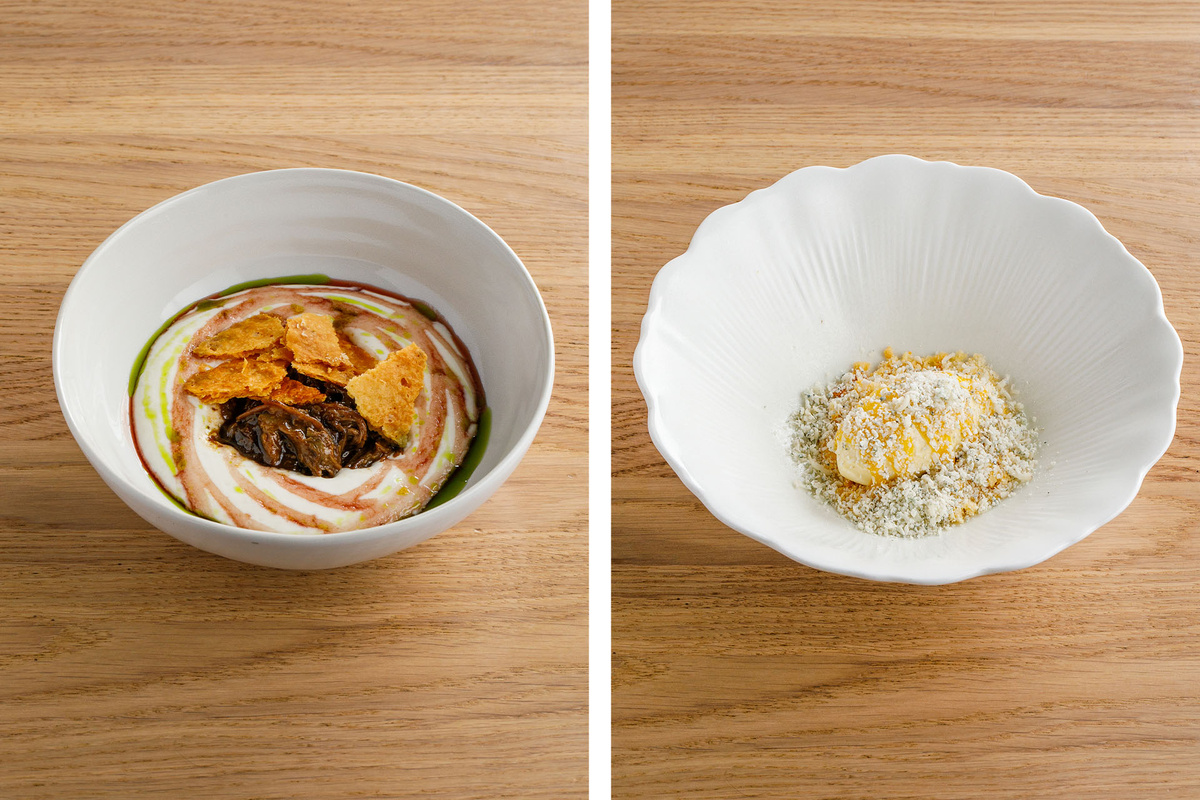    Слева: бычьи хвосты с муссом из пармезана / маракуйя с горгонзолой