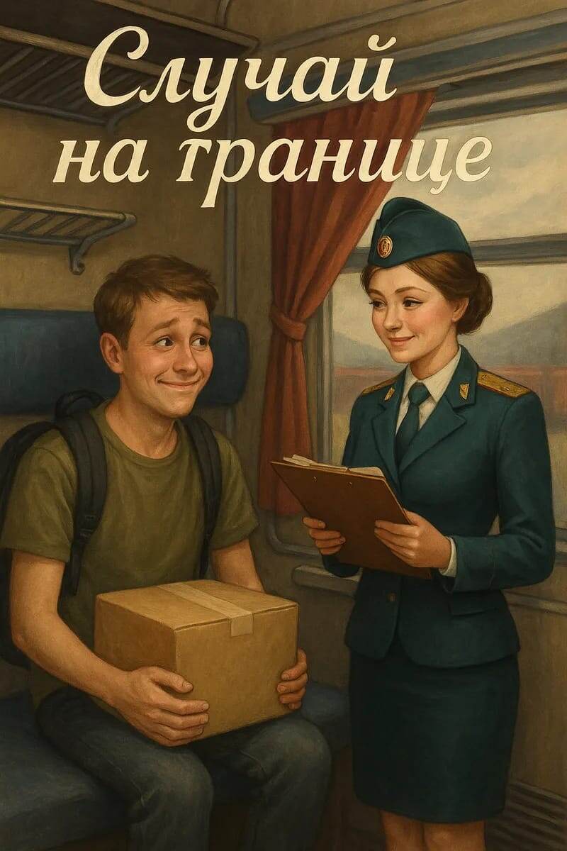 Я на пограничном контроле. Молодой студент с рюкзаком и коробкой в руках сидит смущённый, улыбается неловко. Перед ним красивая молодая таможница в форме: фуражка, строгий костюм, папка с бумагами. Она слегка краснеет, но сохраняет официальный вид. Атмосфера лёгкой иронии и взаимной симпатии.                                           © Copyright: Александер Арсланов, 2025