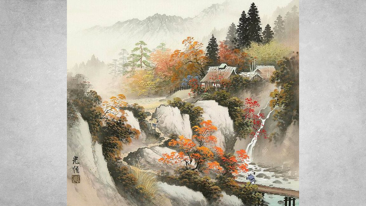 «Сансуй-га» (в переводе с японского — «картины гор и вод») — один из главных жанров дальневосточной живописи, представляющий идеализированные гармоничные пейзажи с изображением гор, рек, облаков, камней и деревьев →