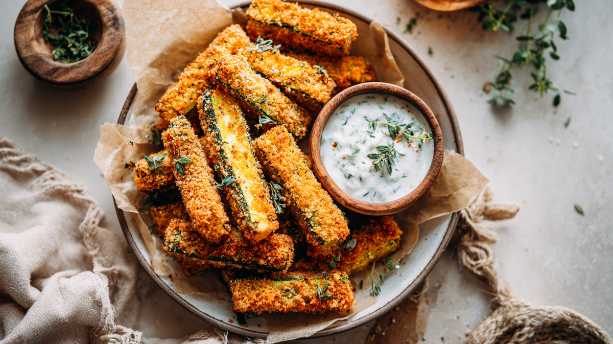 Хрустящие кето-палочки из цукини в миндальной панировке с итальянскими травами, запечённые в духовке и поданные с соусом на основе сметаны. Низкоуглеводное блюдо, без глютена, идеально для кето-диеты.