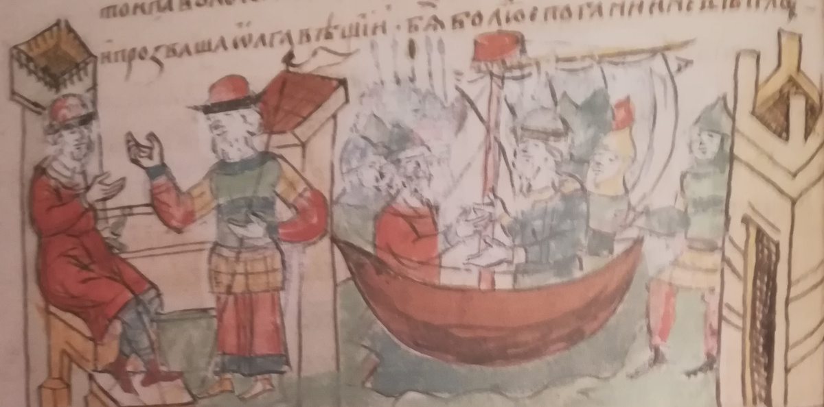 Возвращение Олега из Царьграда в Киев с дарами; прозвание Олега вещим. Миниатюра из Радзивиловской летописи.