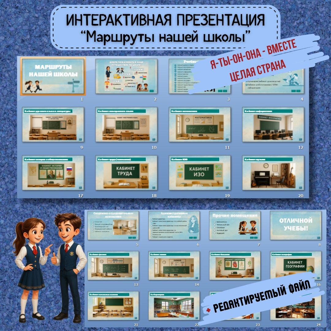 Источник: https://infourok.ru/magazin-materialov/interaktivnaya-prezentaciya-marshruty-nashej-shkoly-prednaznachena-dlya-provedeniya-uroka-ya-ty-on-ona-vmeste-celaya-strana-1107209