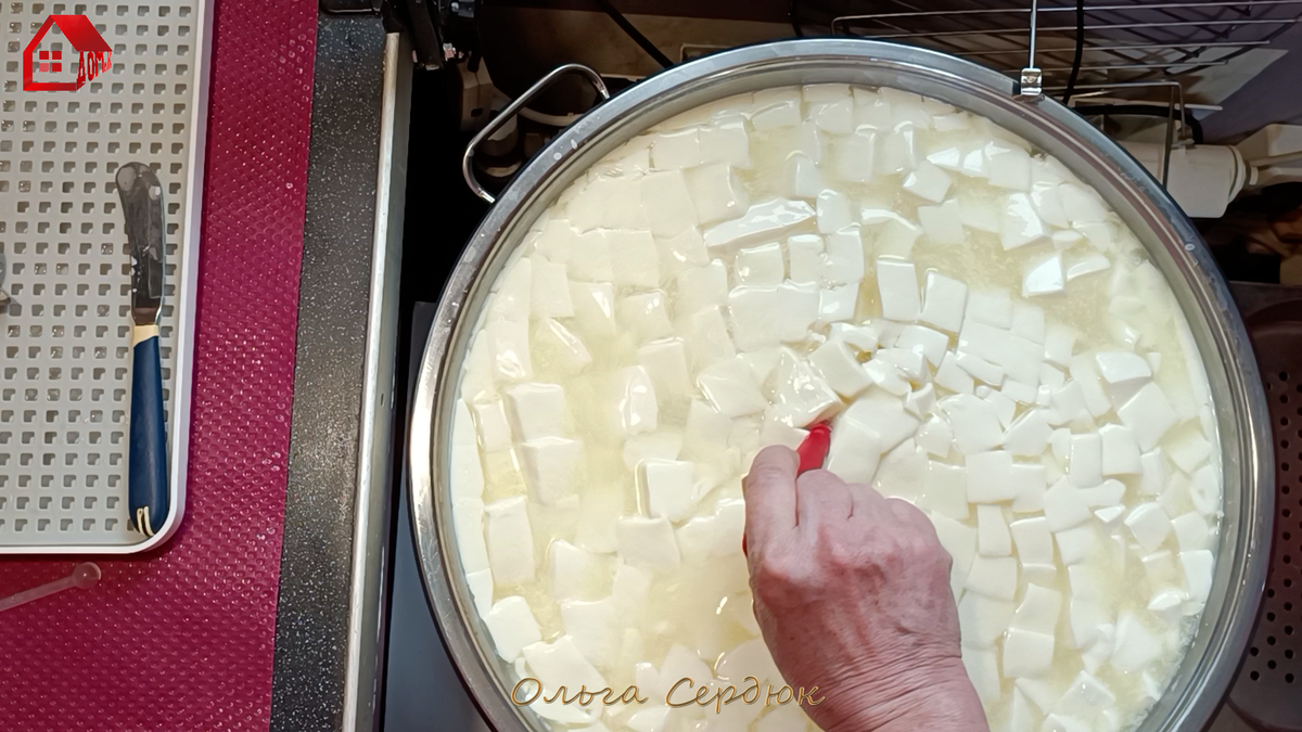 Разрезание геля для активизации синерезиса (кадр из видео)