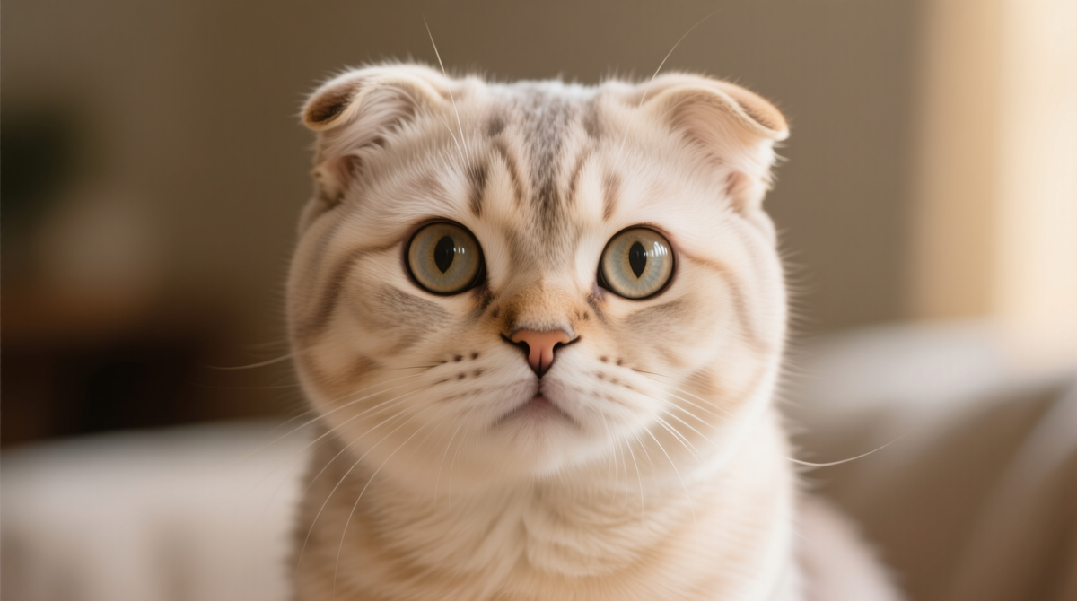 Американский кёрл с ярко выраженными закрученными ушами, смотрящий прямо в камеру с дружелюбным и любопытным выражением мордочки. Фон — светлый и уютный, чтобы подчеркнуть элегантность породы.