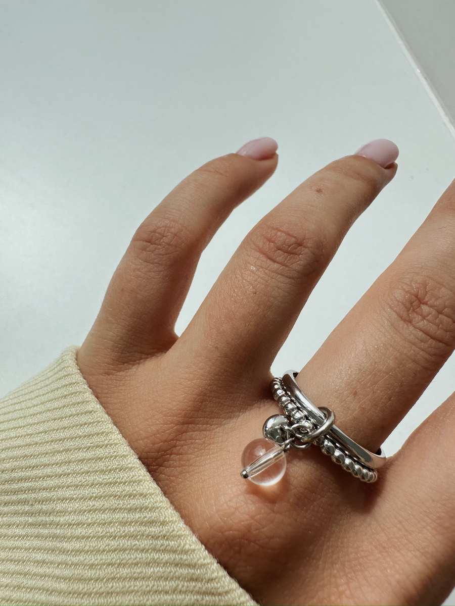 Серебряное двойное кольцо "Bubble" с горным хрусталем