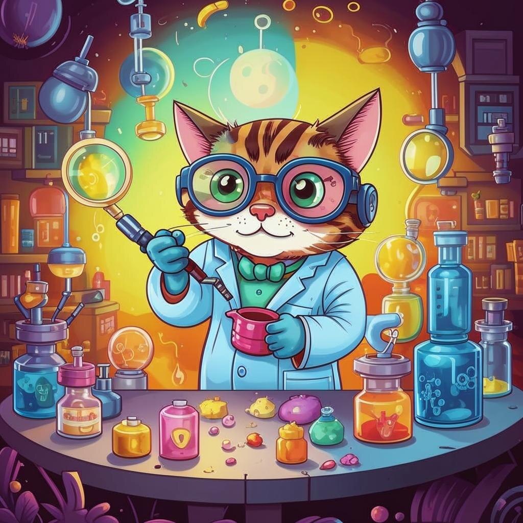 Пушистый Профессор внимательно изучает "образцы" 