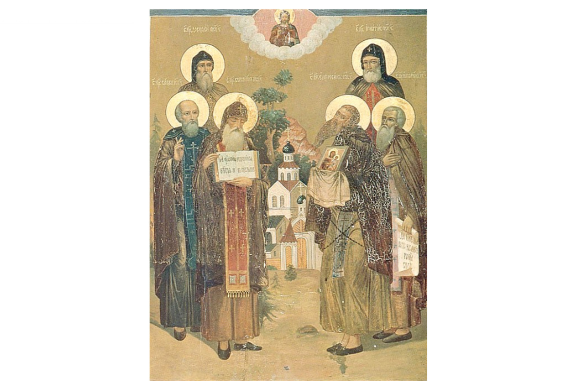 Савва Крыпецкий среди других псковских святых, икона XIX в. Фото: Wikipedia/Public Domain