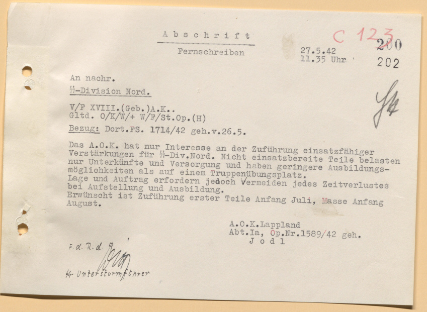 Штаб армии заинтересован в усилении дивизии СС "Норд" боеспособными подразделениями. Небоеспособные части лишь обременяют снабжение и места расквартирования, а также имеют меньше возможностей для прохождения боевой подготовки, чем на полигонах. Обстановка же и стоящие задачи требуют избежания любых потерь времени на комплектование и подготовку. Прибытие первых частей ожидается а начале июля, основной массы - в начале августа. Командующий армией "Лапландия" Jodl
