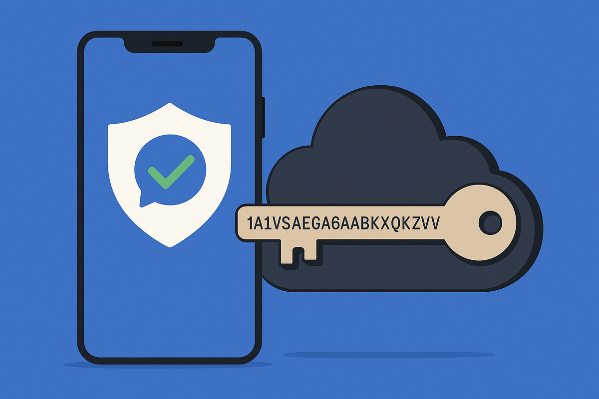 Смартфон с символом чата и замком, облако и ключ с кодом — иллюстрация защищённых резервных копий в Signal.