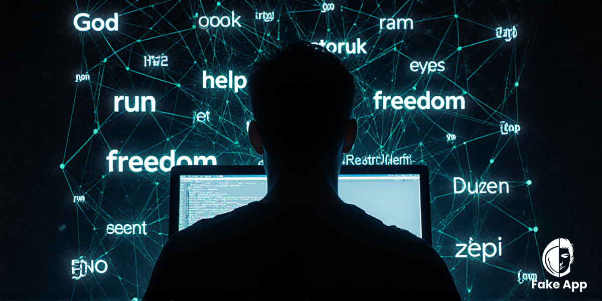 Генерация в ComfiUI: Человек запутался в паутине из светящихся слов и кода, которые тянутся от экрана компьютера, некоторые слова: "Бог", "свобода", "помоги", "беги"