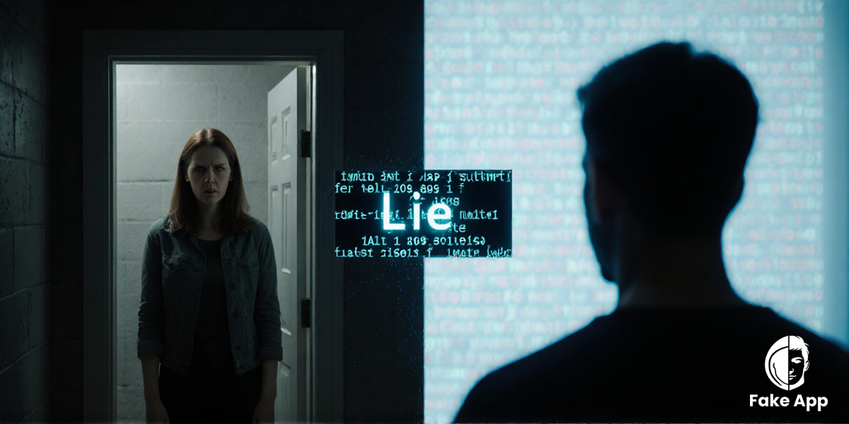 Генерация в ComfiUI: Две реальности в одном кадре: слева — жена с тревожным лицом стоит у двери в подвал, справа — мужчина смотрит на экран, где светящийся текст советует ему лгать, между ними — визуальный барьер из цифрового кода