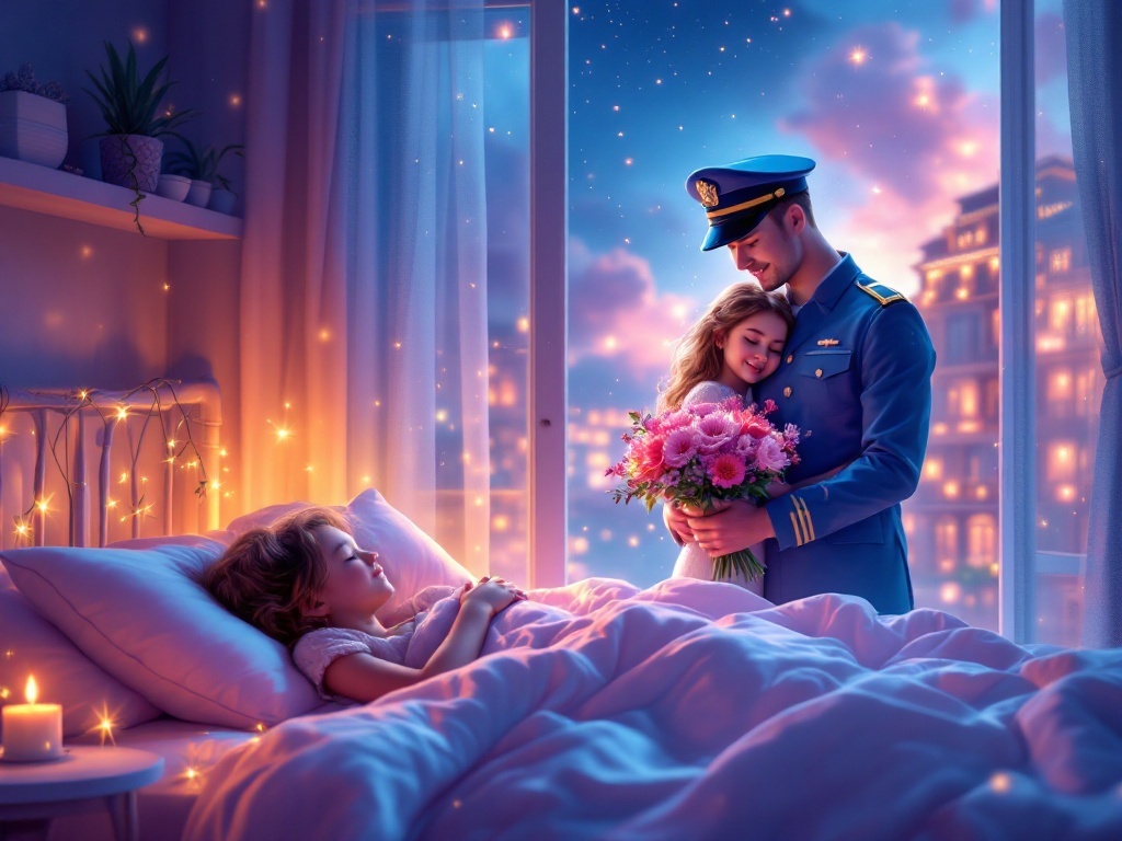   К чему такое снится: На картине молодой человек в синей военной форме и кепке держит в руках букет цветов и обнимает девушку. В дверном проеме стоят улыбающиеся родители, а отель виднеет