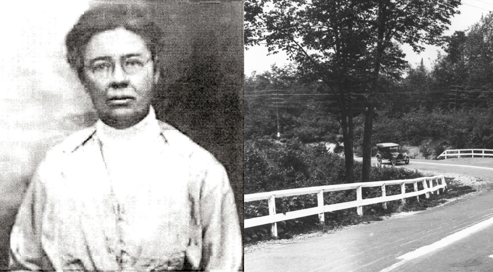 Джун Маккэролл и разделительные полосы, нанесённые ей на дороге Калифорнии