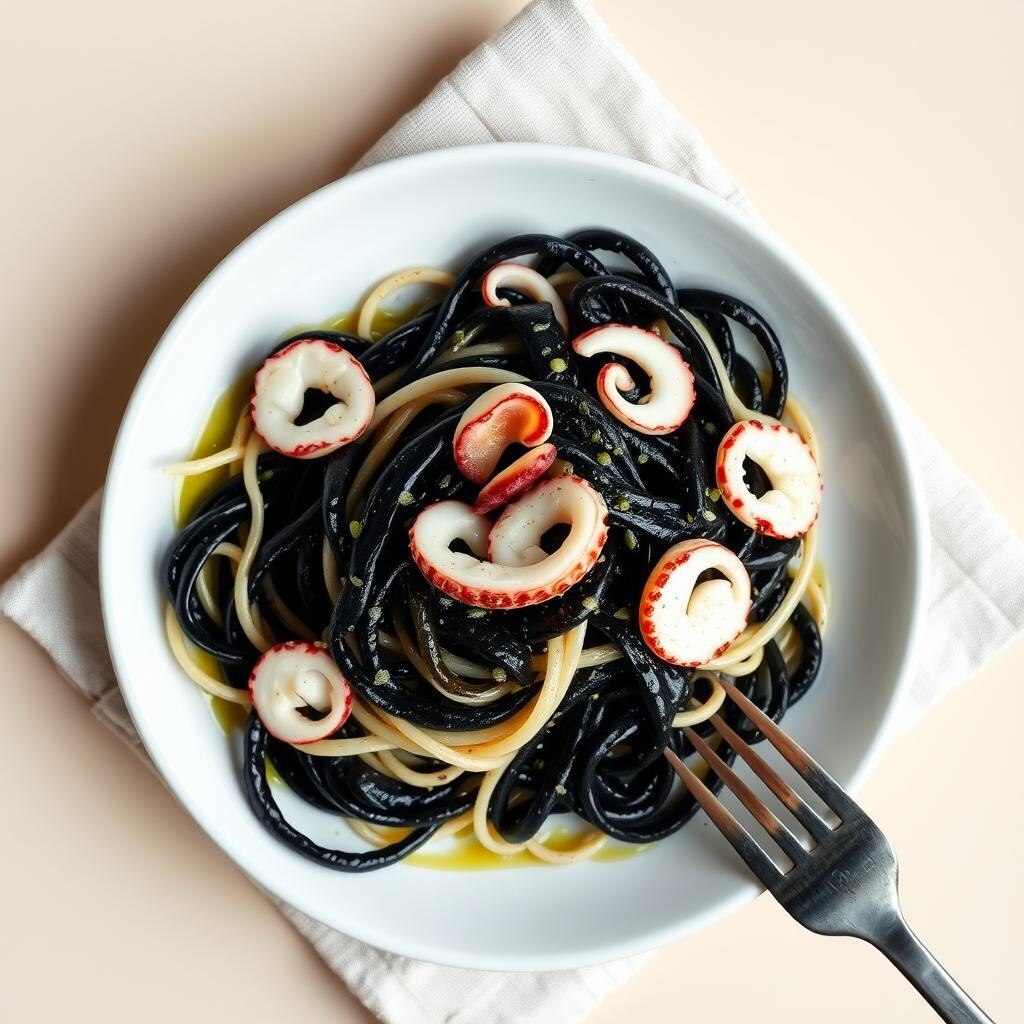 Макароны с осьминогом и чернилами каракатицы 