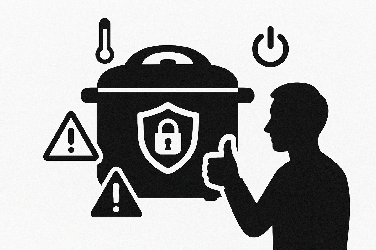Безопасная мультиварка в центре внимания: символы защиты, блокировки и одобрения в минималистичной композиции.
