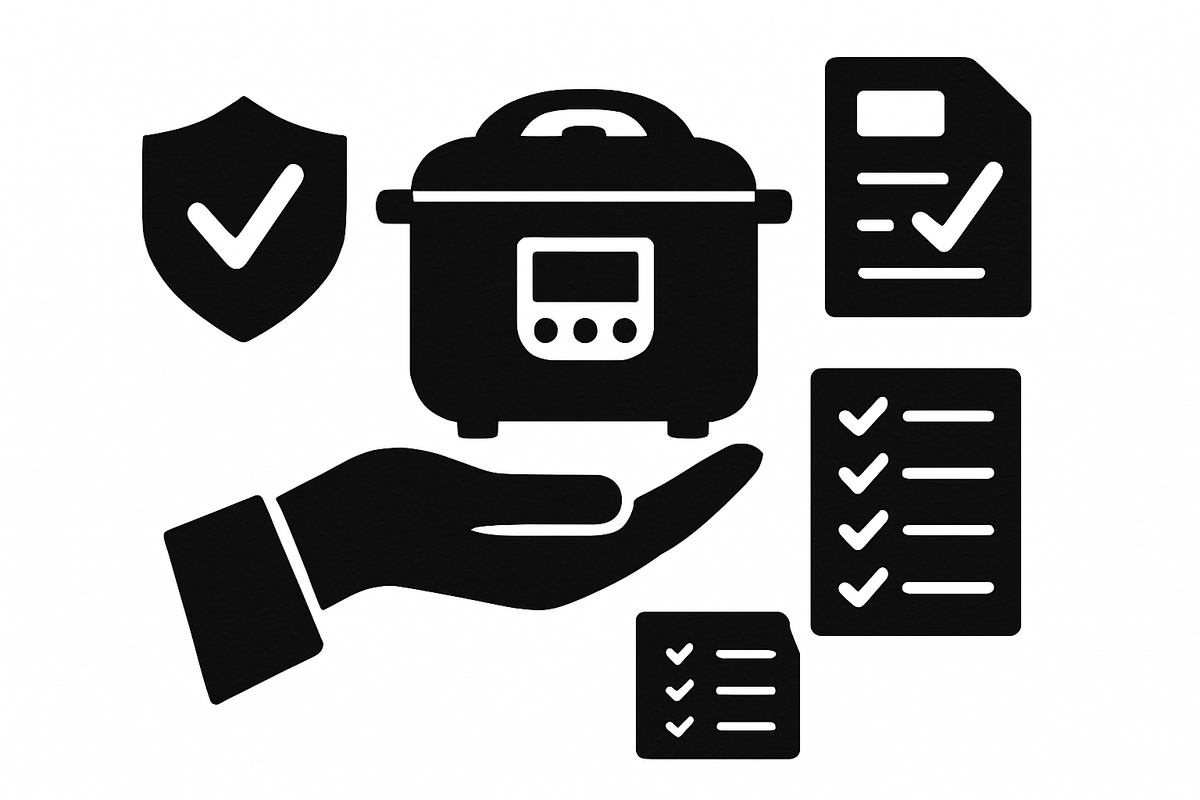 Безопасность в руках пользователя: мультиварка, значки качества и список проверок в минималистичной композиции.