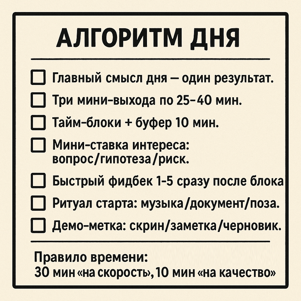 → Определите «главный смысл дня» — один результат, который точно важен.
→ Разбейте его на три мини-выхода по 25–40 минут.
→ Зашейте их в тайм-блоки с буферами по 10 минут.
→ Каждому блоку дайте мини-ставку интереса: вопрос, гипотезу, маленький риск.
→ Введите быстрый feedBack : шкала 1–5 за прогресс сразу после блока.
→ Сформируйте ритуал старта: одна и та же музыка, документ, поза.
→ Заканчивайте «демо-меткой»: скрин, заметка, черновик — видимый след.