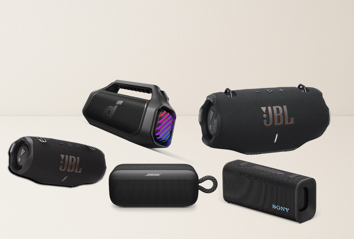 JBL Charge 6, Bose SoundLink Plus, Anker Soundcore Boom 2, Sony ULT Field 3 и JBL Xtreme 4