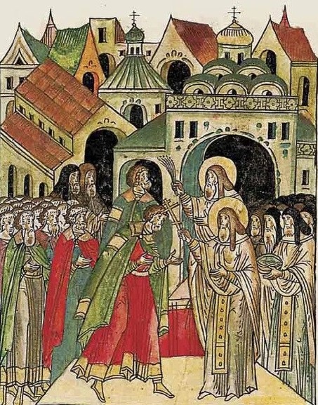 Благословение накануне битвы. Миниатюра Лицевого летописного свода Ивана Грозного